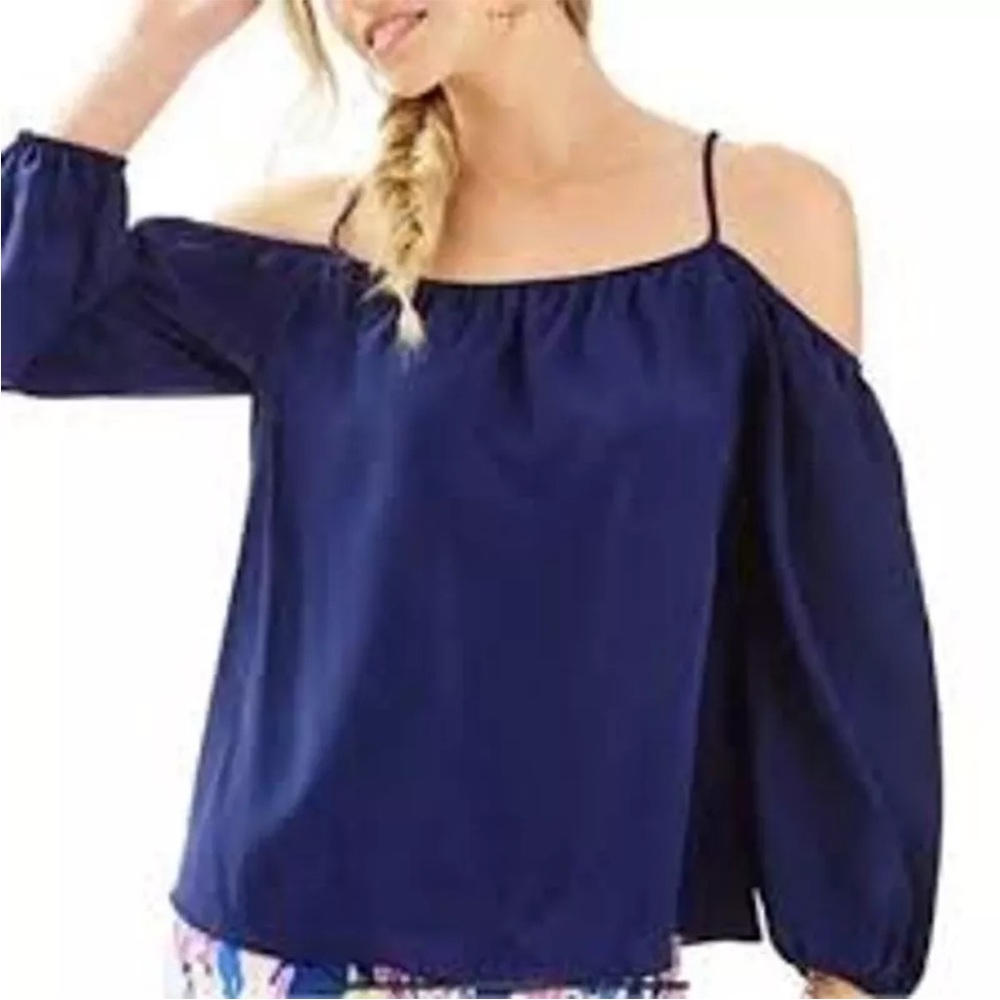 Lilly Pulitzer Silk Blue Off-Shoulder Long Balloon Sleeves Women’s Blouse Sz L
